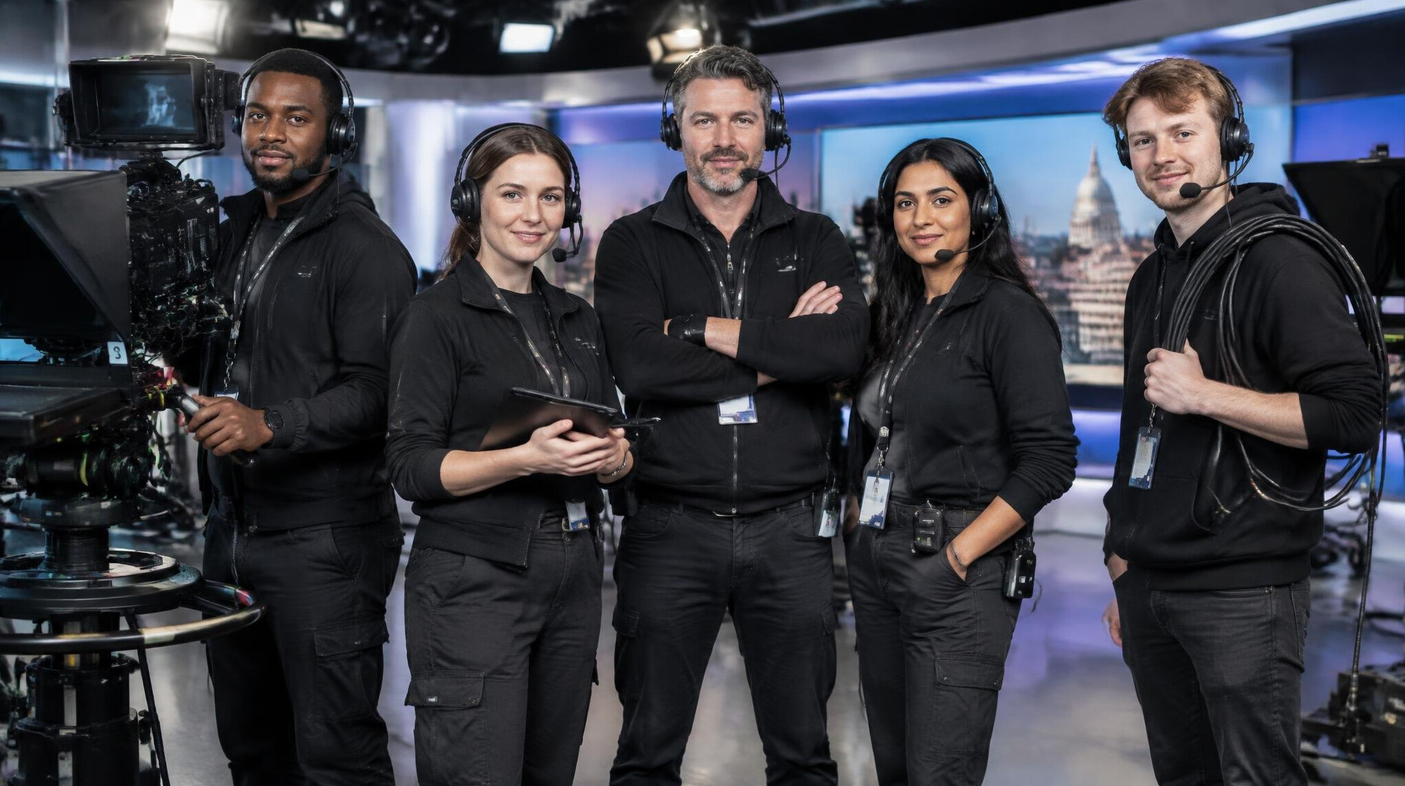 Broadcast crew team standing together in a studio