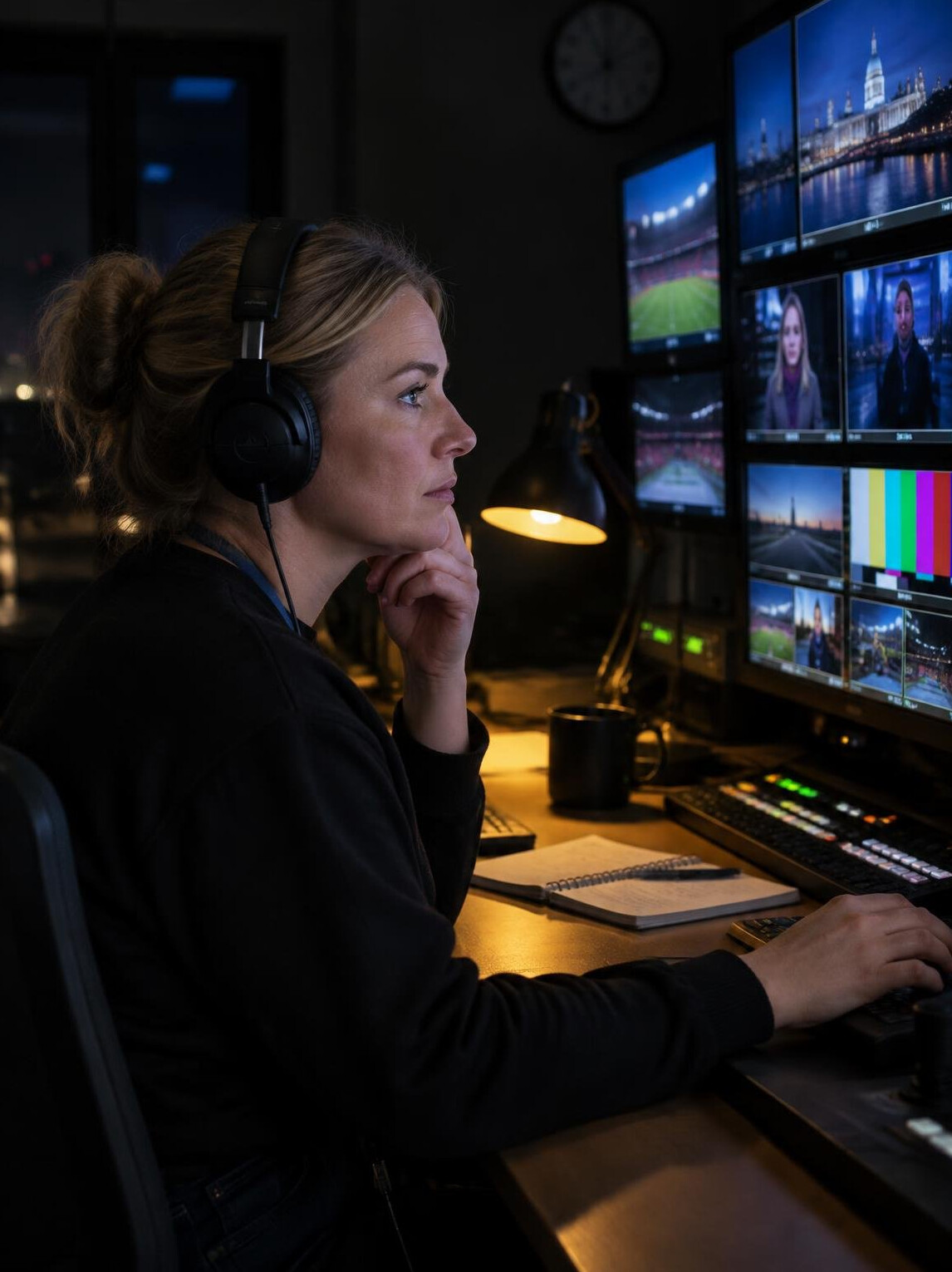 Broadcast technician monitoring live signal feeds at night