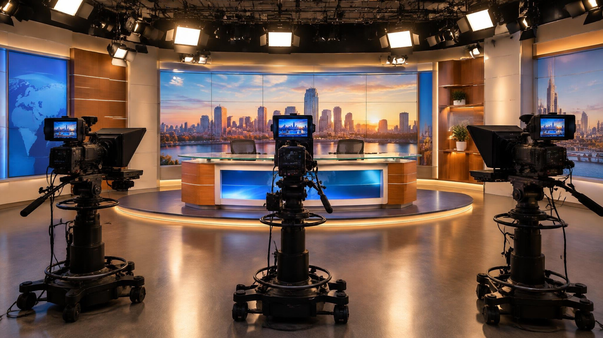 Television studio with multiple cameras set up for a broadcast