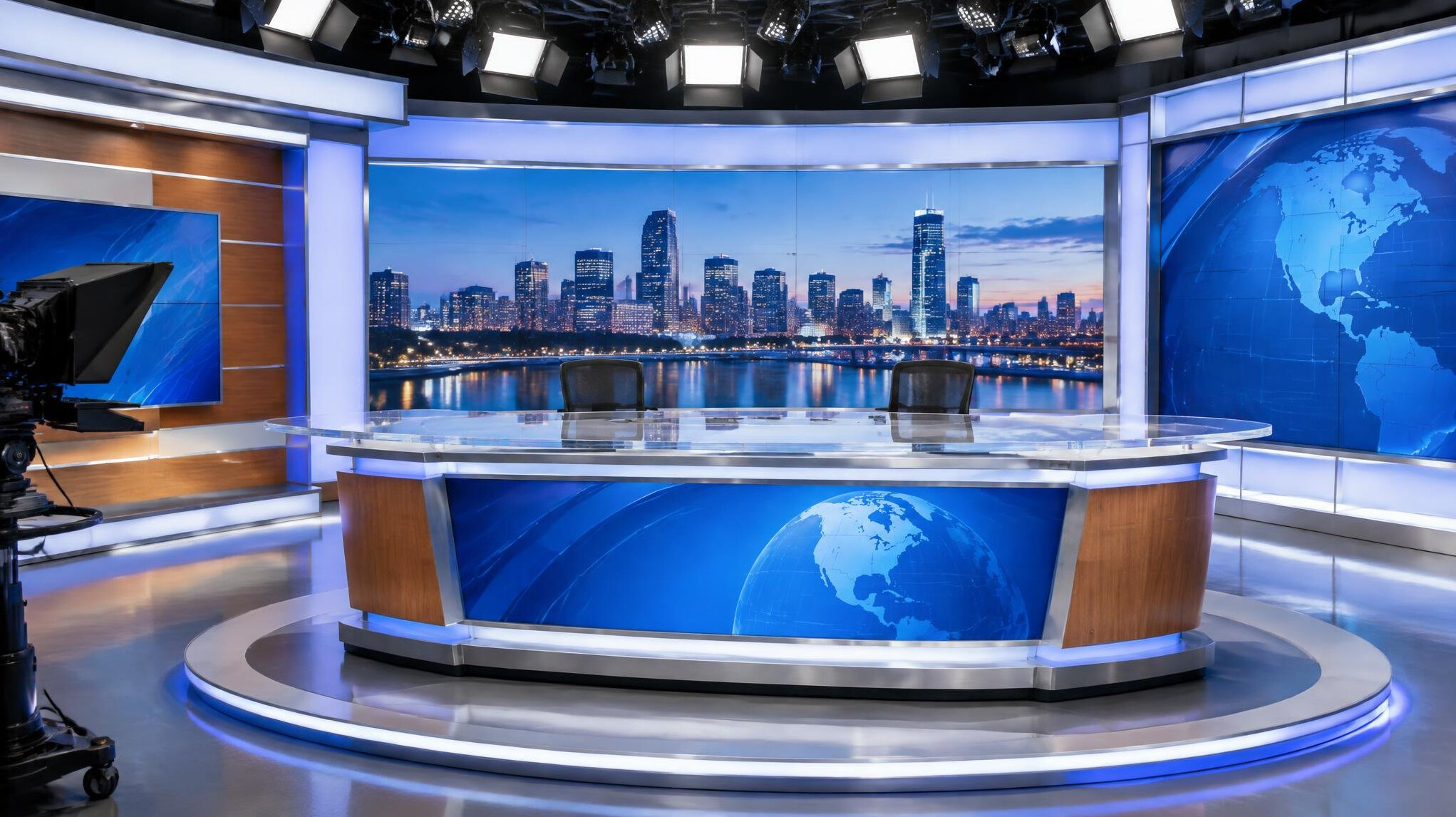 Television news studio set with desk and lighting rig